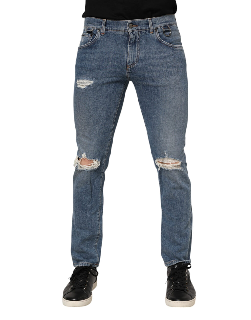 Jeans skinny en denim bleu Dolce & Gabbana avec déchirures et logo, coupe tordue, en coton authentique.