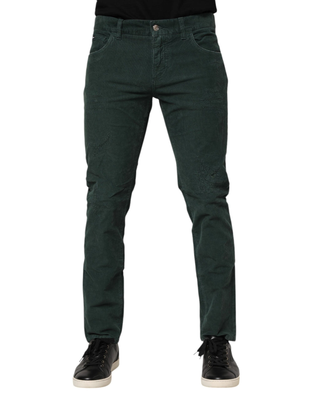 Pantalons skinny en coton vert Dolce & Gabbana en velours côtelé, vue de face, détails de la coupe ajustée et de la texture.