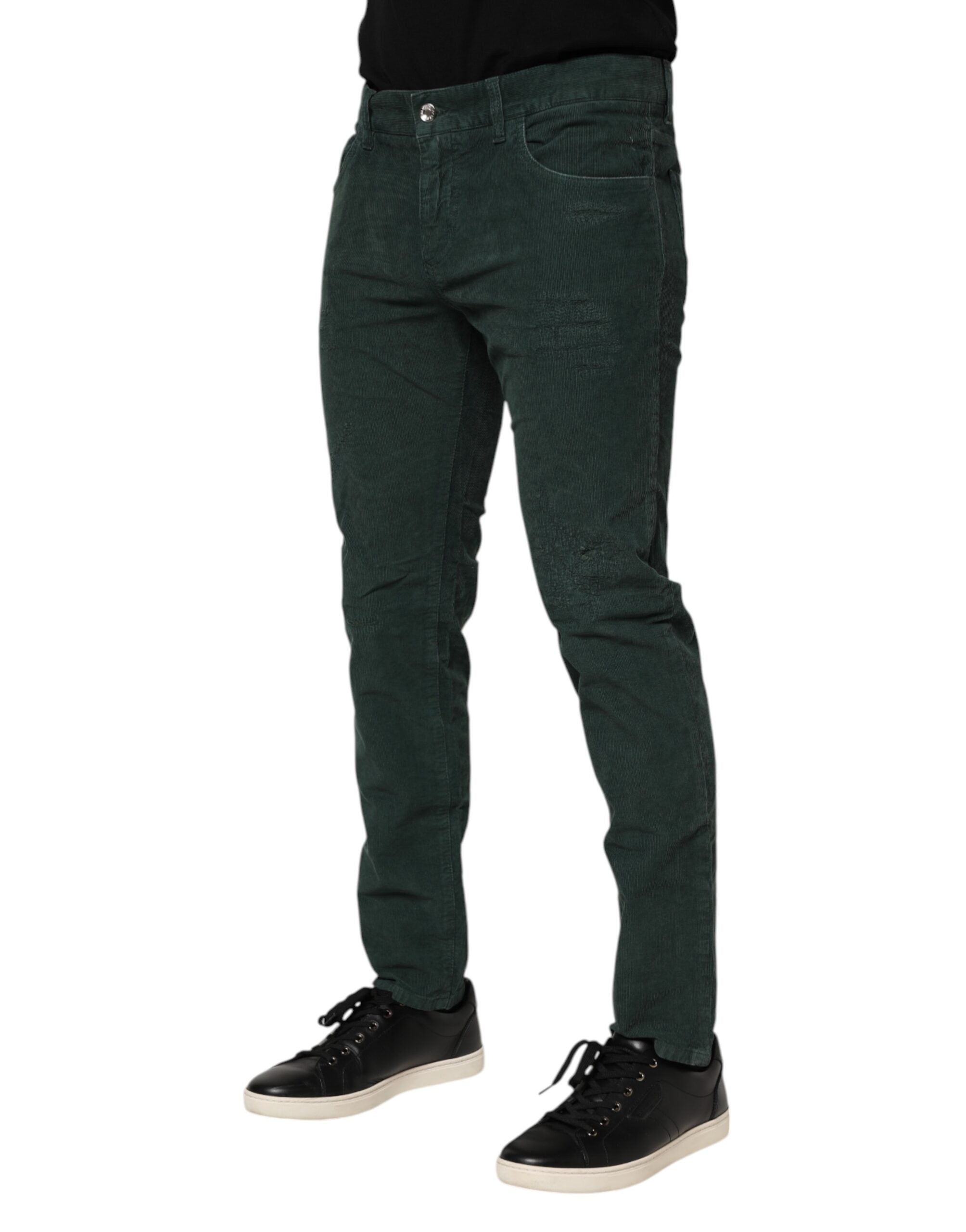 Pantalons skinny en velours côtelé en coton vert de Dolce & Gabbana, coupe ajustée et détails modernes.