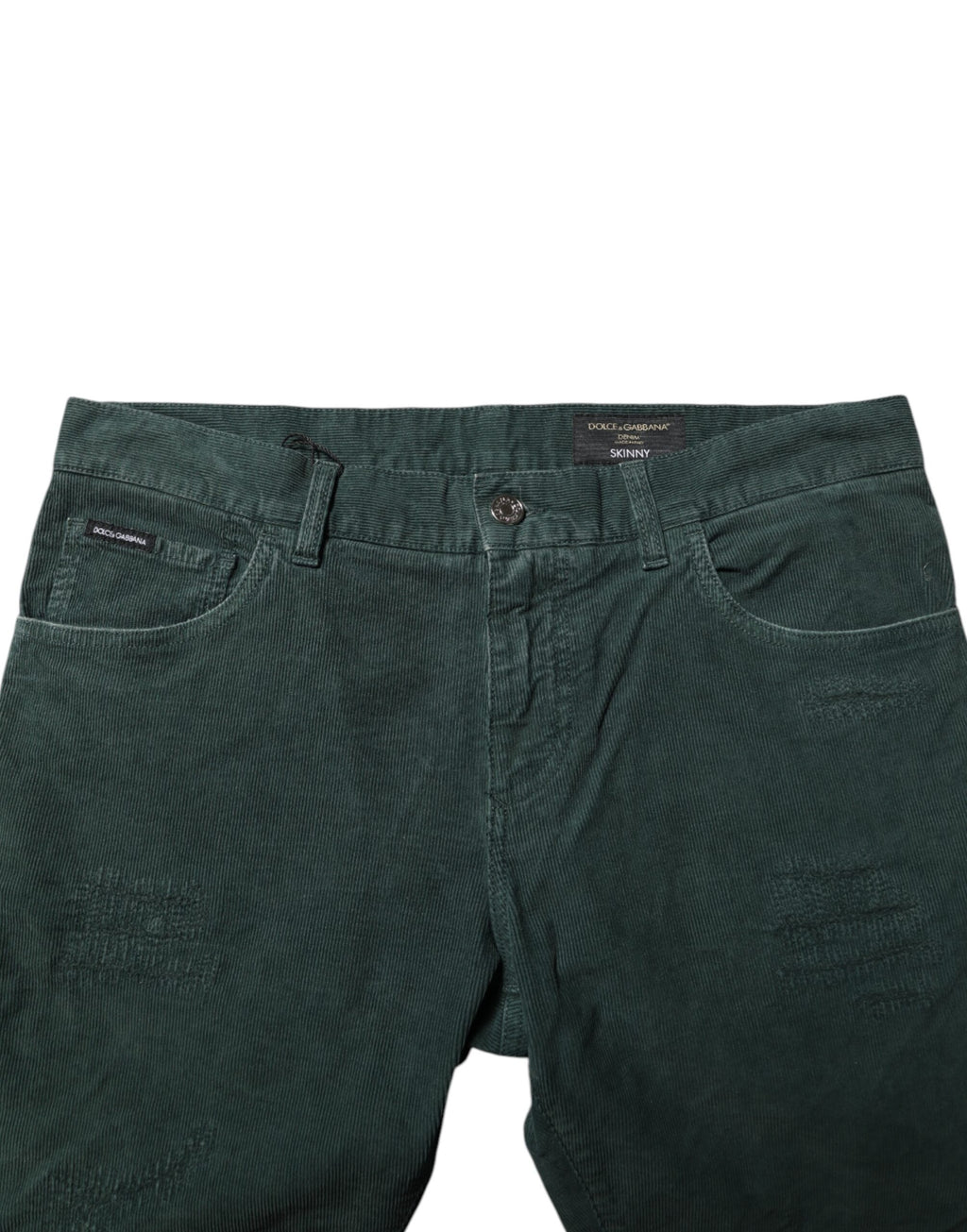 Pantalon skinny en velours côtelé en coton vert de Dolce & Gabbana, silhouette ajustée et style élégant.