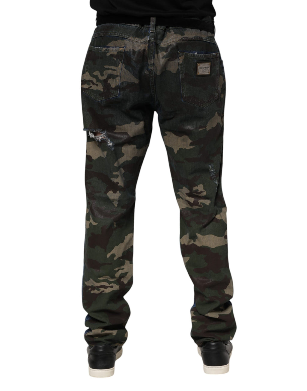 Jeans en denim camouflage bleu Dolce & Gabbana en coton, coupe classique avec détails de marque visibles.