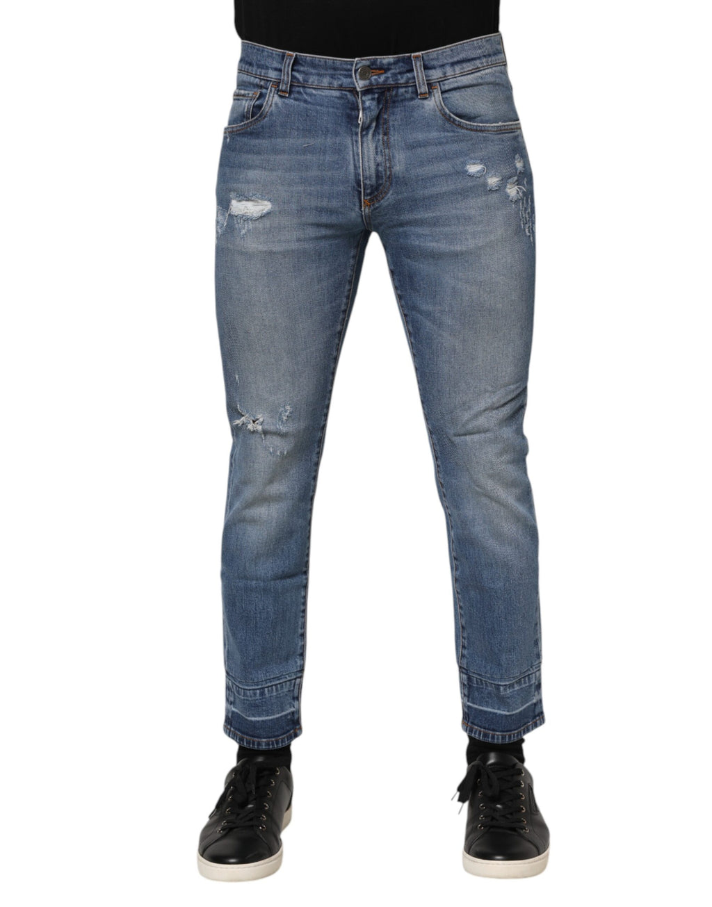 Jeans en denim bleu Dolce & Gabbana avec logo en plaque en coton, style confort et design classique.