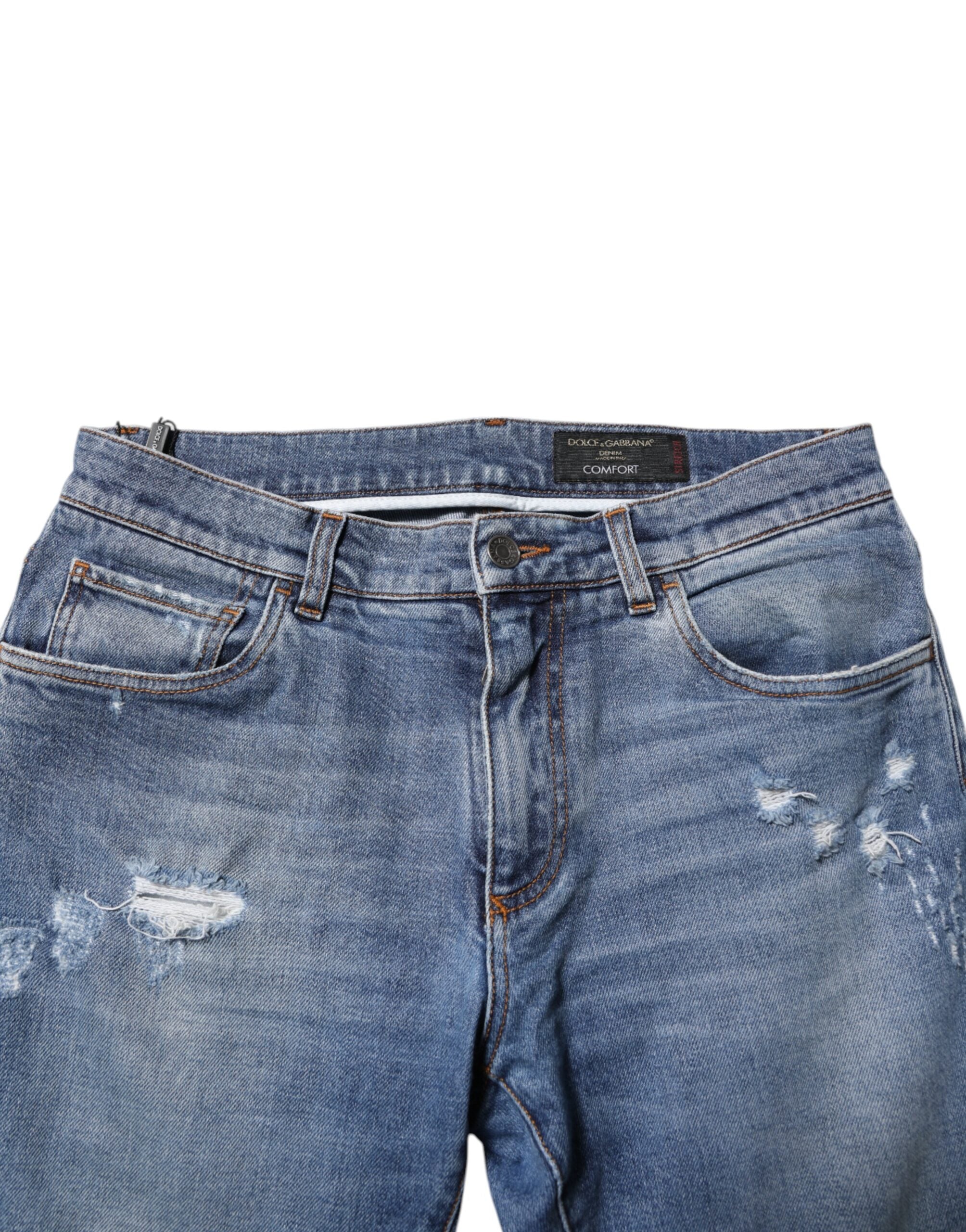 Jeans en denim bleu Dolce & Gabbana, confort, logo en plaque en coton, style décontracté et moderne.