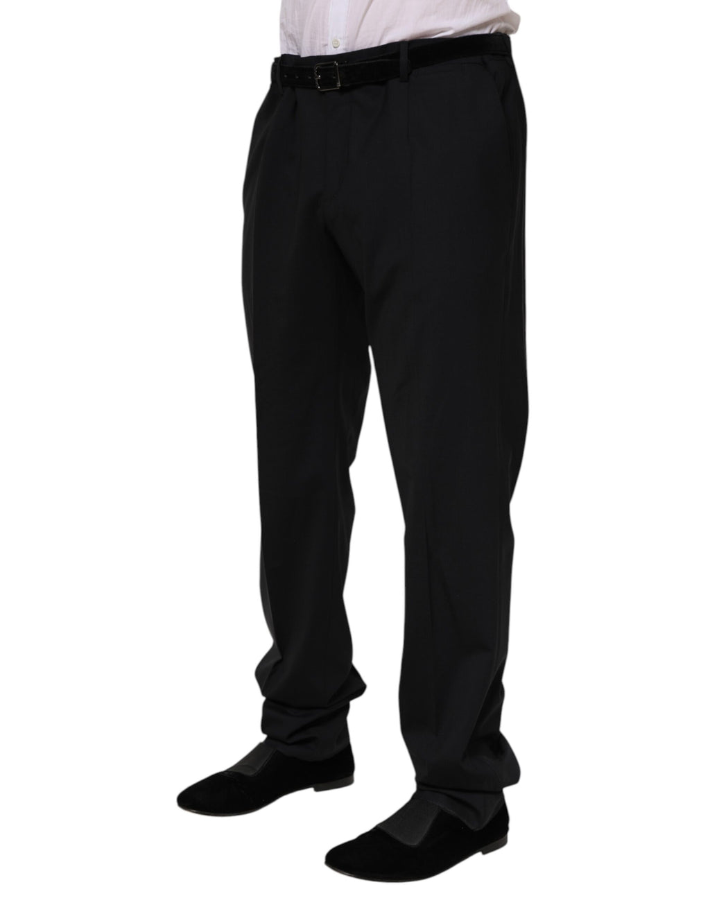 Pantalon formel en laine noire Dolce & Gabbana, élégant, ajusté, avec fermeture à bouton et poches latérales.
