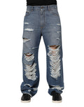 Jeans en denim bleu Dolce & Gabbana avec logo, déchirures et plaque en coton, style décontracté et tendance.