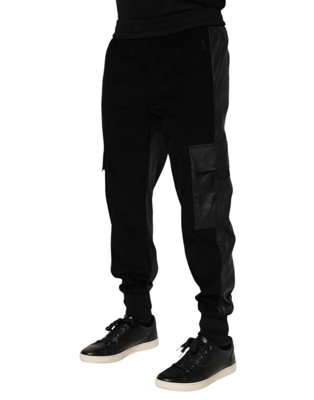 Pantalons cargo pour homme Dolce & Gabbana, en coton noir, style jogger avec poches latérales et taille élastique.