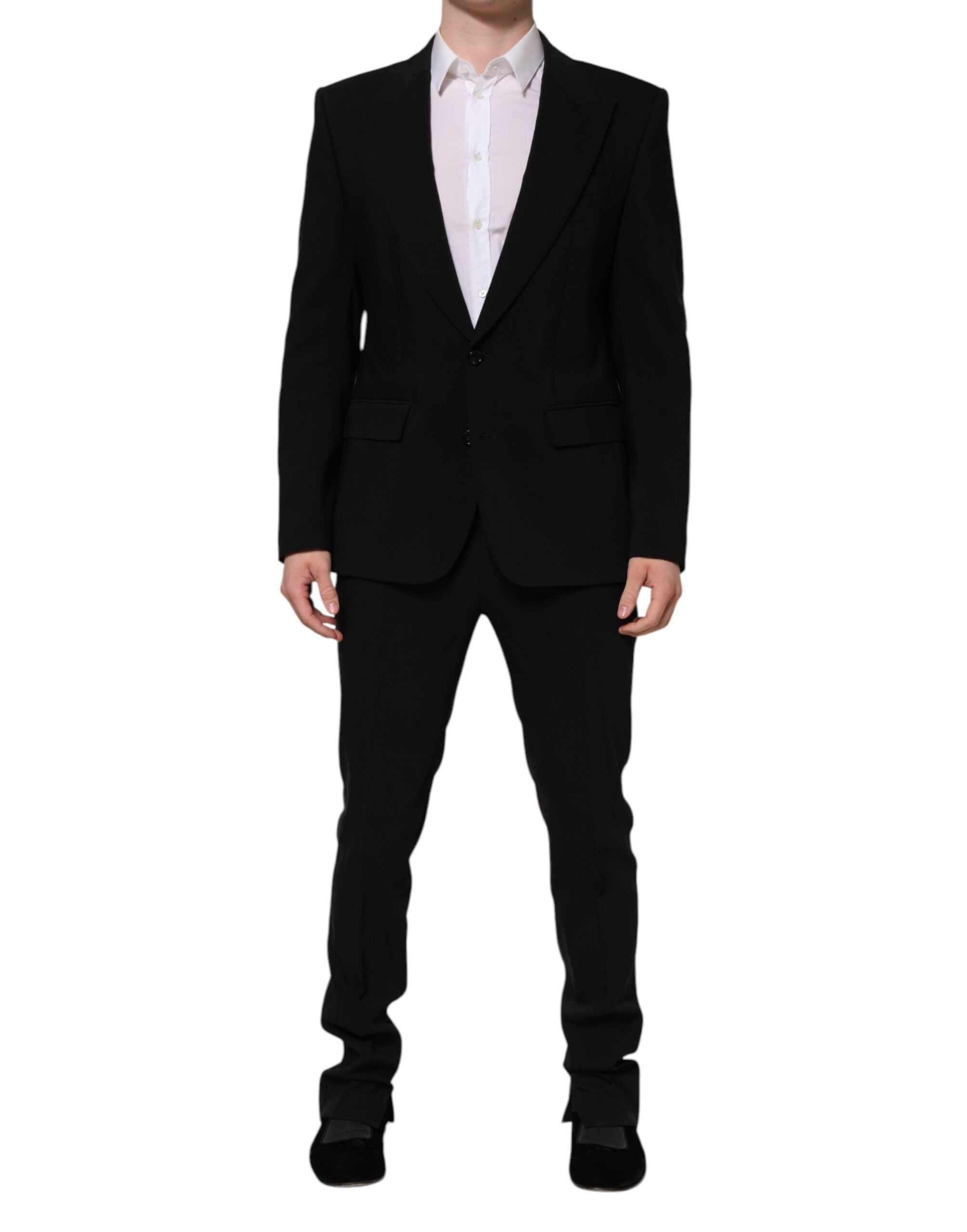 Costume homme noir Dolce & Gabbana Martini à deux pièces avec veste à boutonnière simple, élégant et classique.