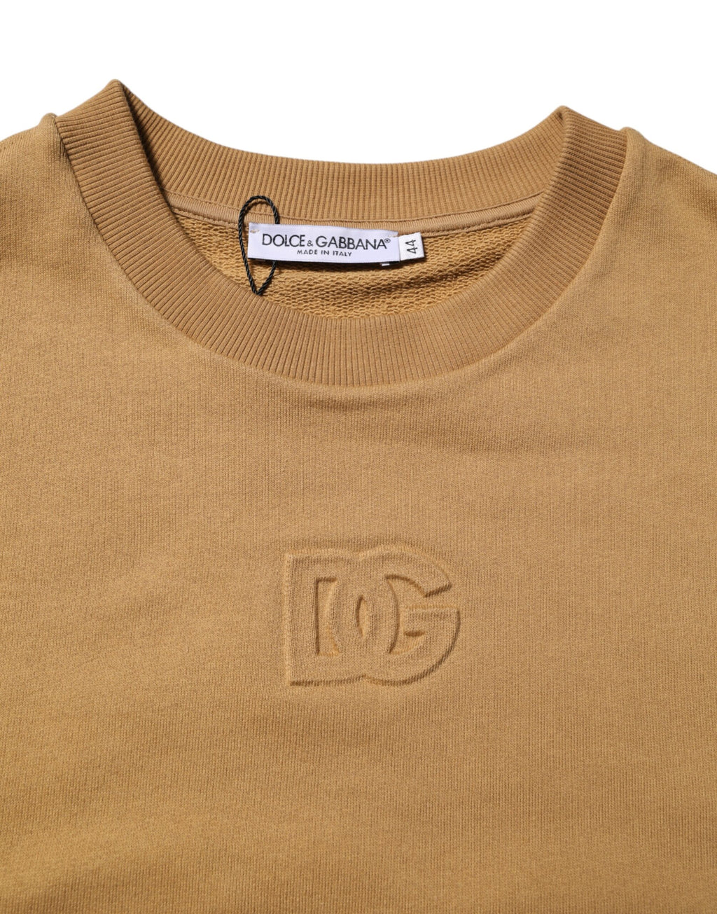 Pull en coton moutarde Dolce & Gabbana avec logo embossé, manches longues et coupe décontractée, vue de face.
