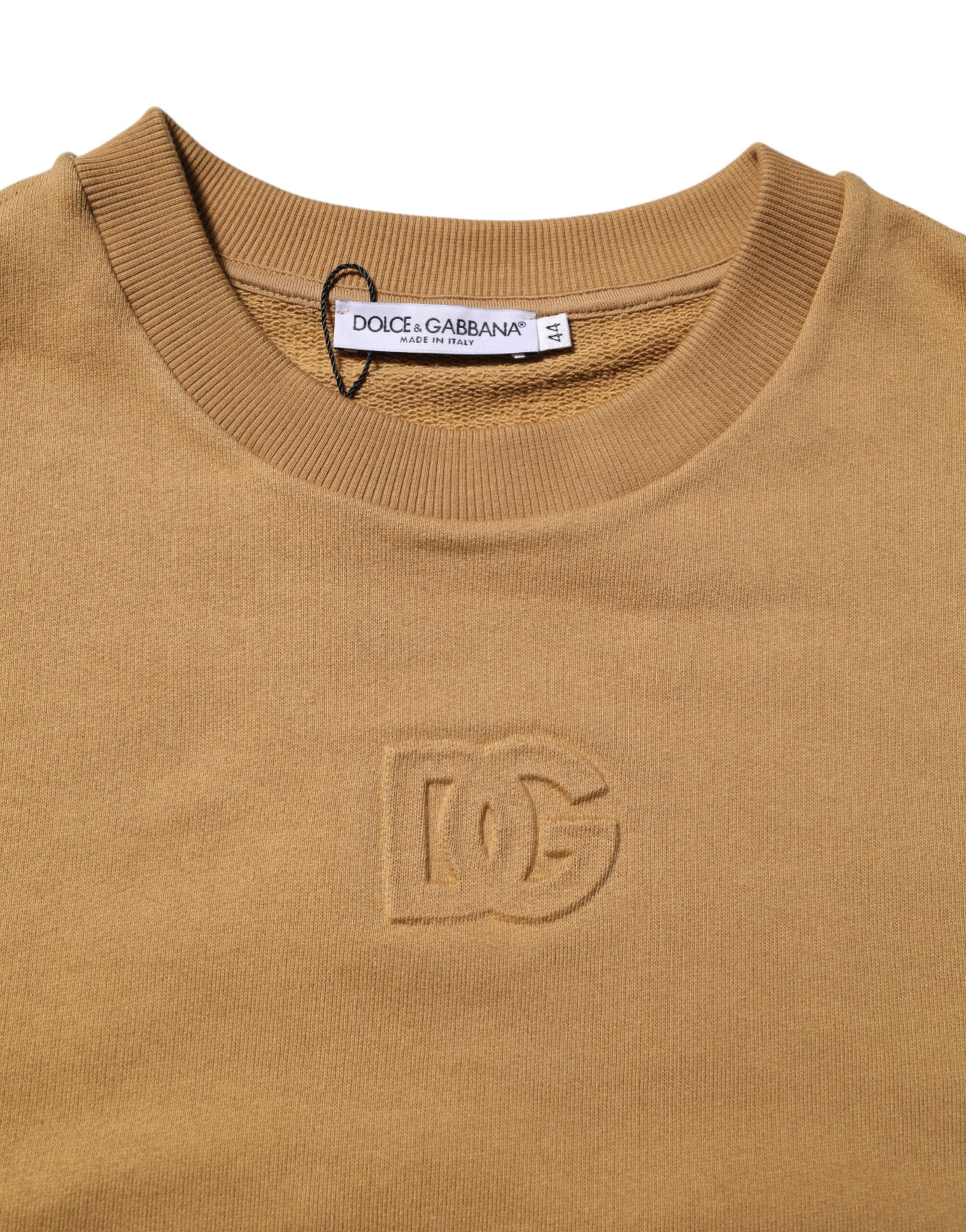 Pull en coton moutarde Dolce & Gabbana avec logo embossé, manches longues et coupe décontractée, vue de face.