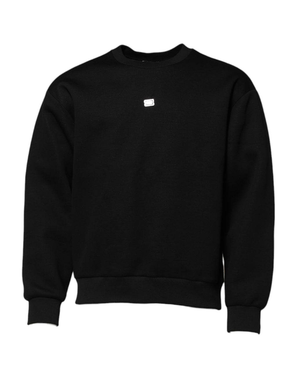 Pull Dolce & Gabbana en modal noir avec plaque logo DG, col rond et design élégant visible sur l’image.