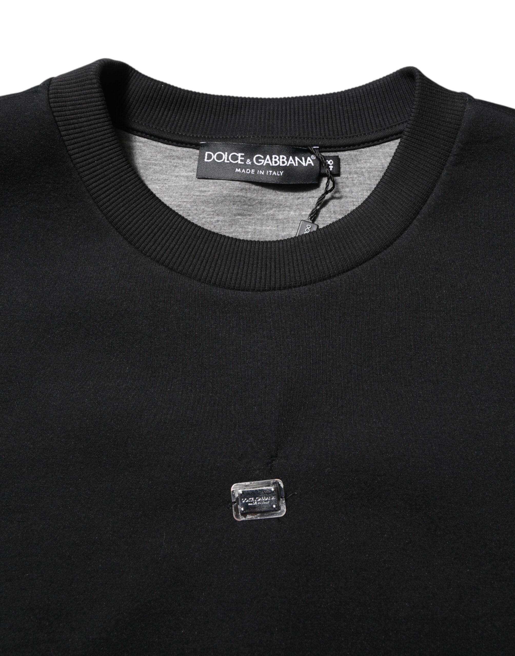 Pull à manches longues Dolce & Gabbana en modal noir avec plaque logo DG, douce et élégante.