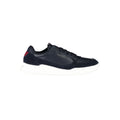 Sneaker en cuir bleu pour homme de Tommy Hilfiger, design élégant et confortable, vue de côté.