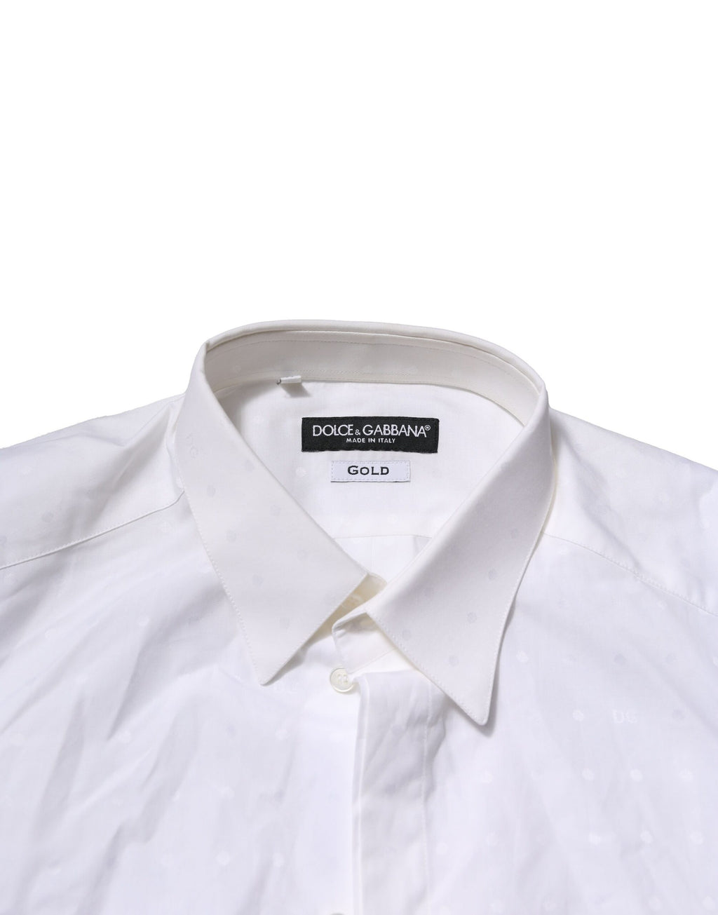Chemise blanche en coton Dolce & Gabbana, robe formelle élégante avec détails dorés, vue de face.