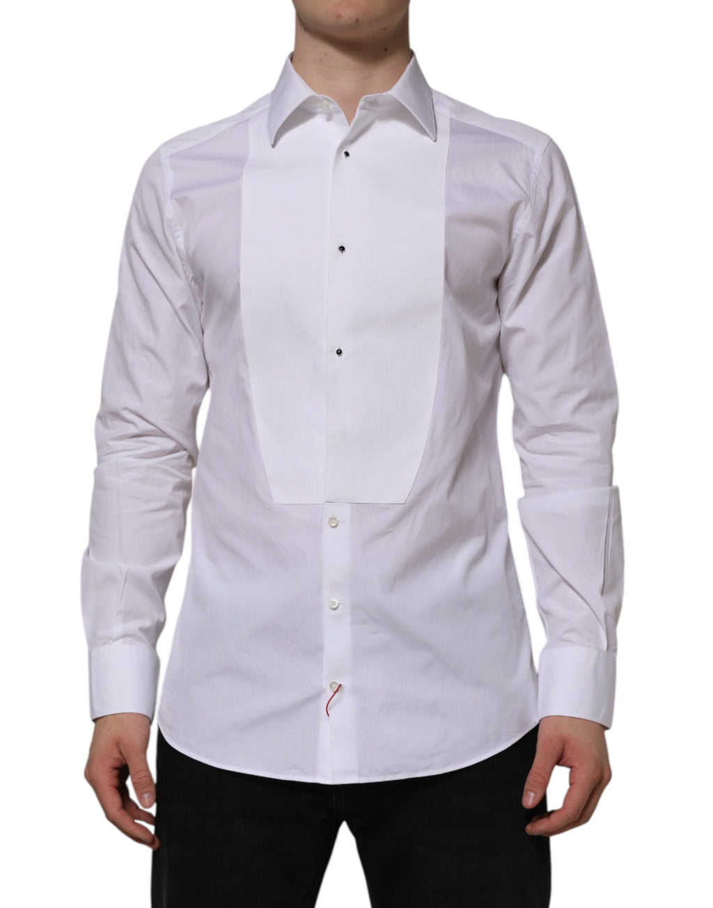 Chemise formelle blanche Dolce & Gabbana en coton popeline avec détails dorés, vue de devant.