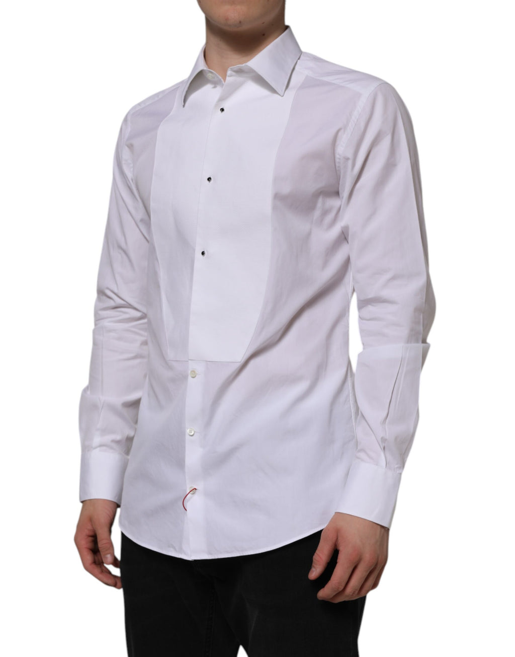 Chemise formelle blanche Dolce & Gabbana en coton popeline avec détails dorés, vue de face sur fond blanc.