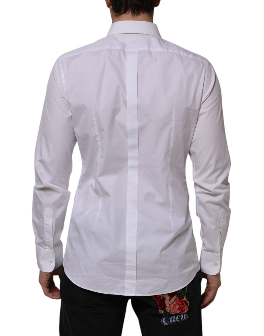 Chemise formelle Dolce & Gabbana en coton popeline blanc avec détails dorés, vue de face.