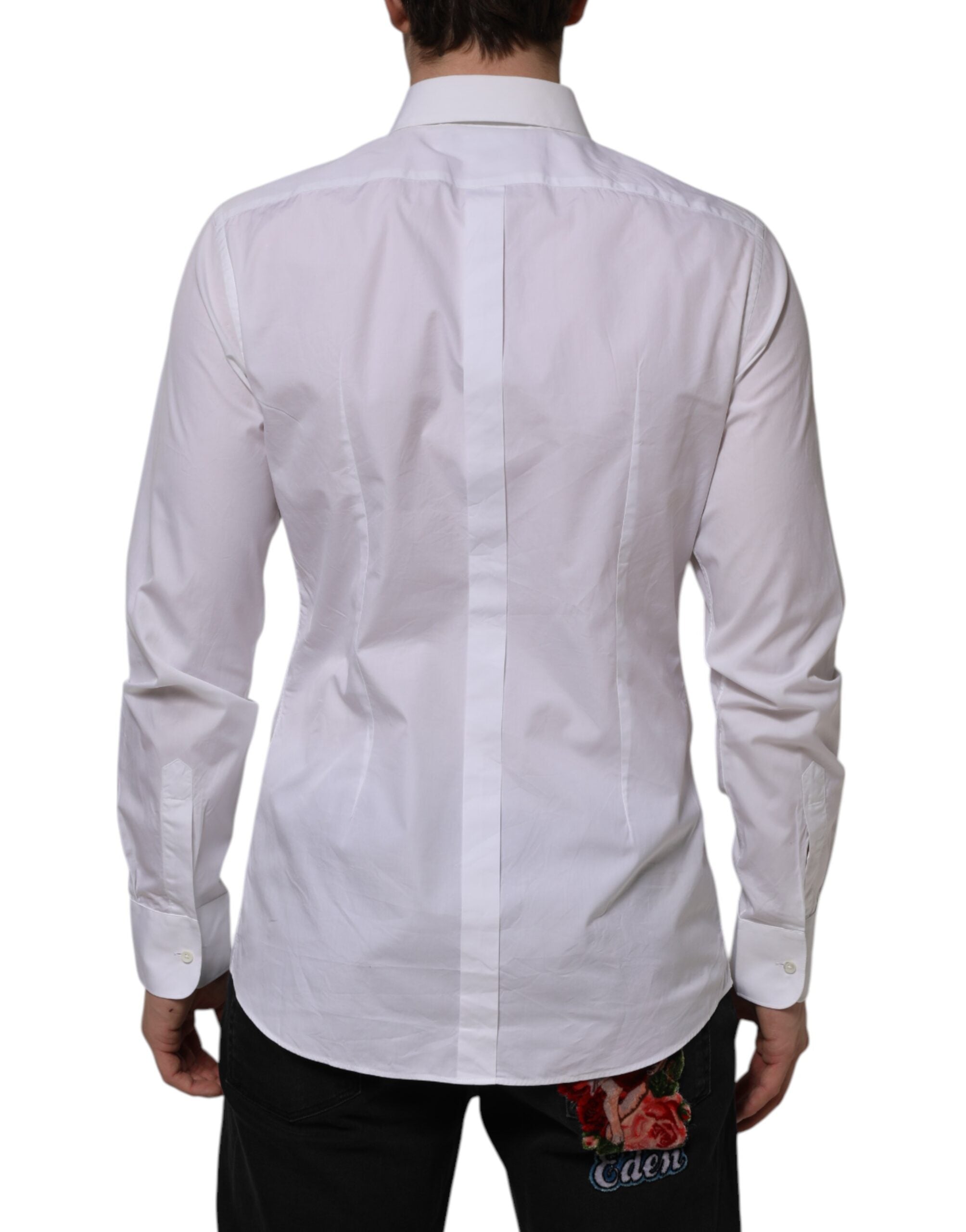 Chemise formelle Dolce & Gabbana en coton popeline blanc avec détails dorés, vue de face.