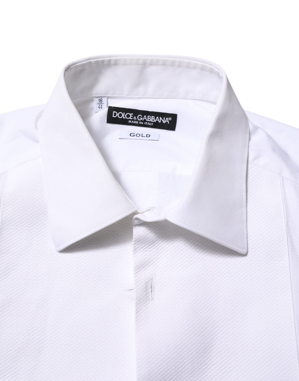 Chemise formelle blanche Dolce & Gabbana en coton popeline avec détails dorés, vue de face.