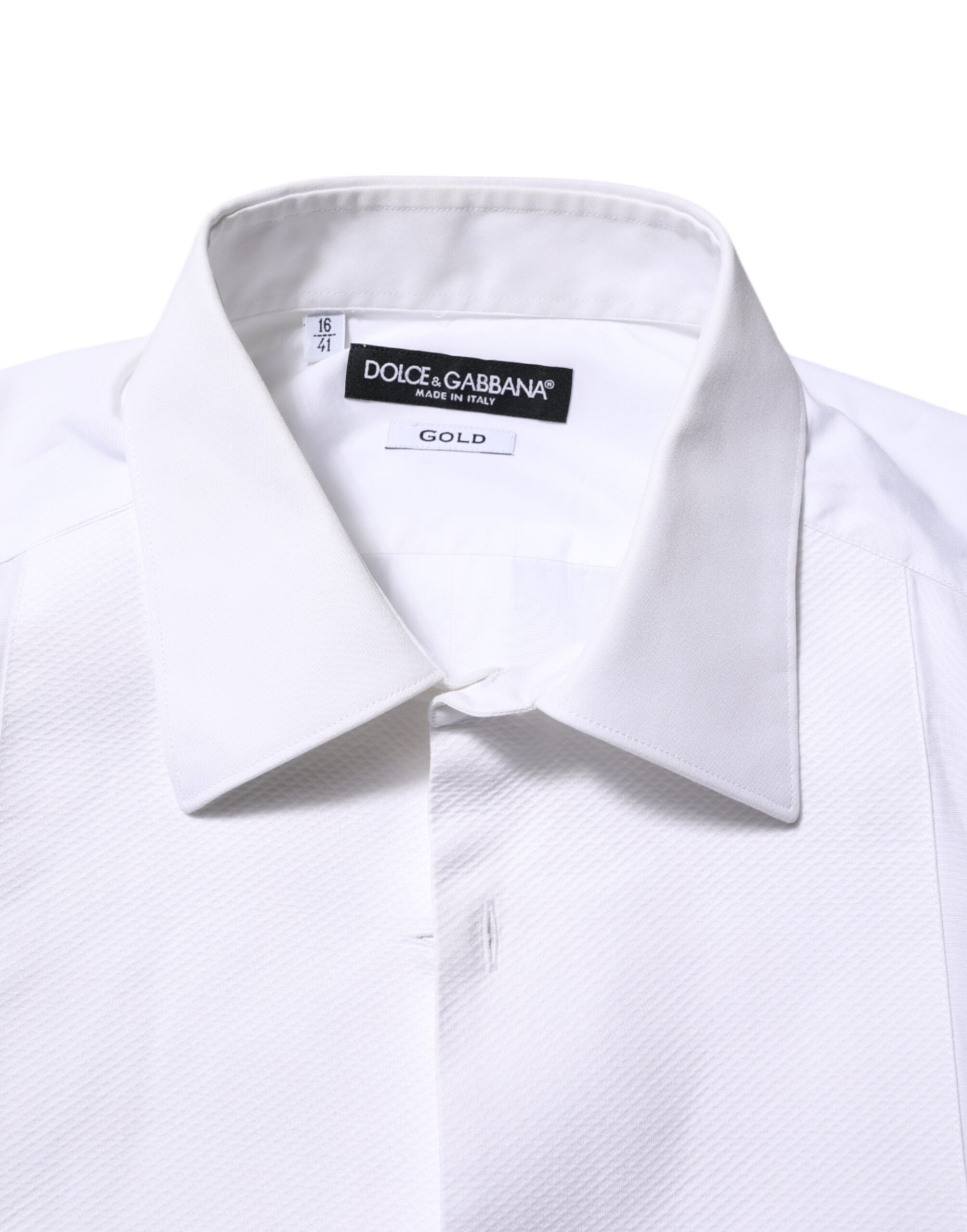 Chemise formelle blanche Dolce & Gabbana en coton popeline avec détails dorés, vue de face.