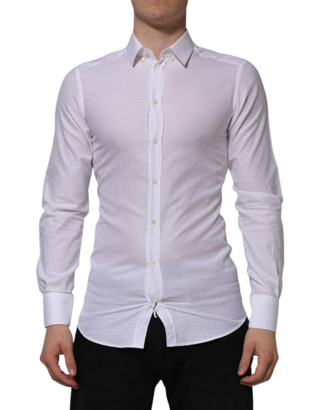 Chemise formelle en coton blanc Dolce & Gabbana avec manches longues et détails en or.