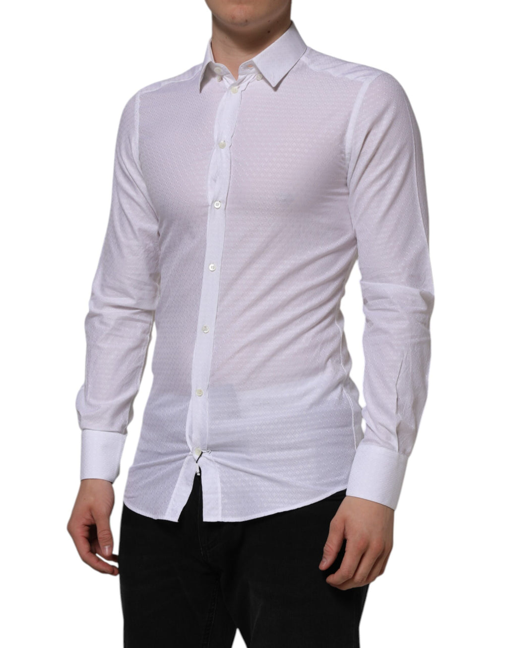 Chemise blanche en coton Dolce & Gabbana à manches longues pour homme, style formel avec détails en or.