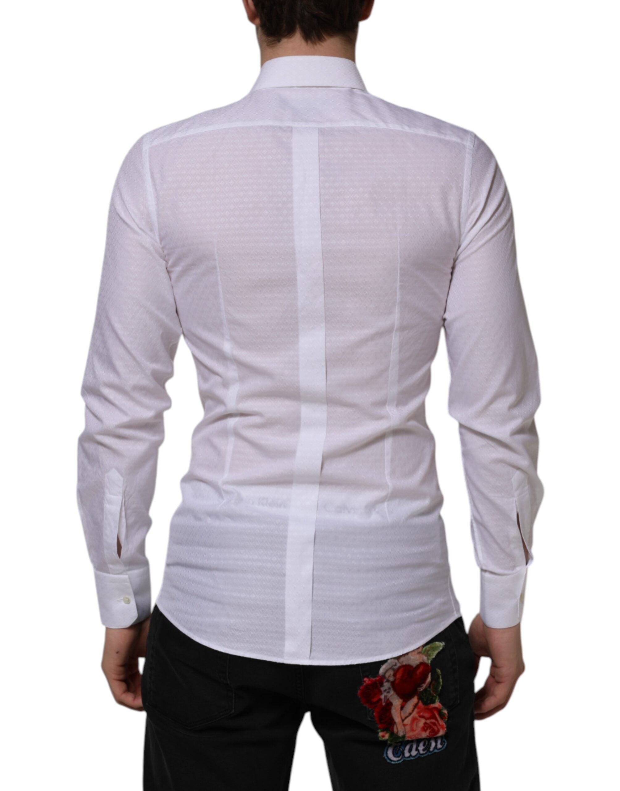 Chemise blanche en coton Dolce & Gabbana à manches longues, style formel avec détails dorés.