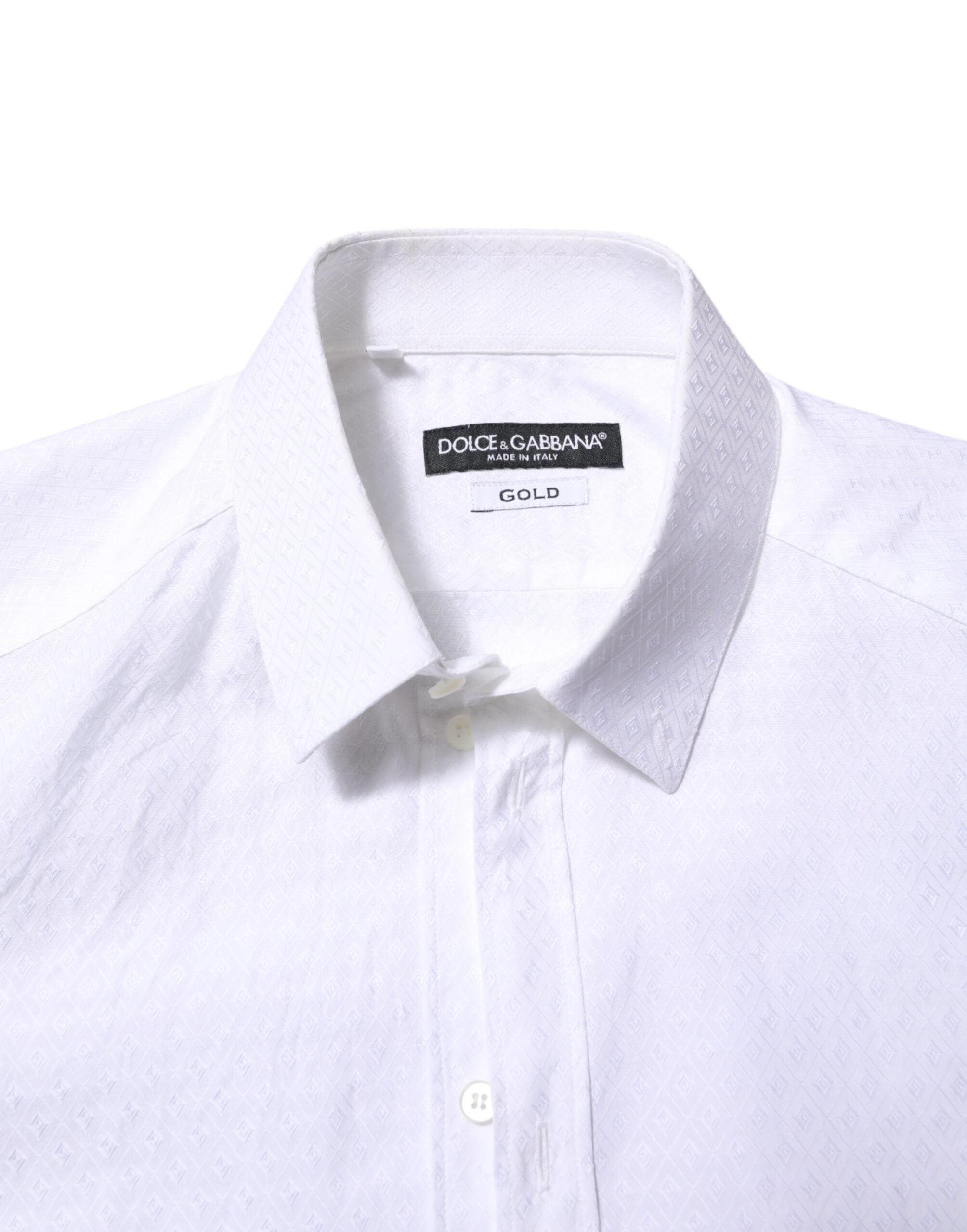 Chemise blanche en coton Dolce & Gabbana à manches longues, style formel avec détails dorés pour homme.