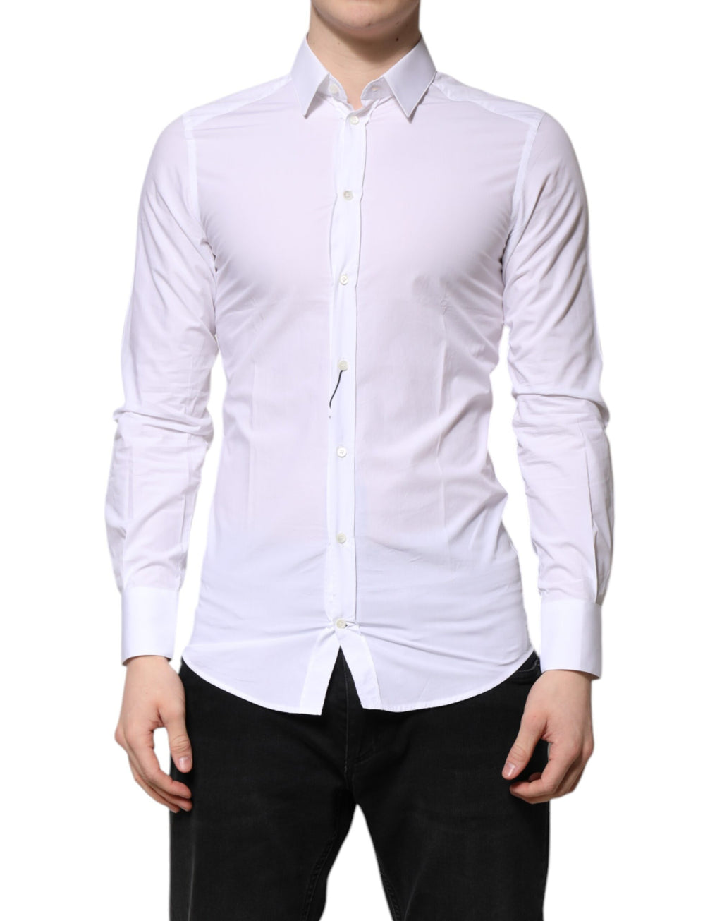 Chemise blanche en coton Dolce & Gabbana à manches longues, style formel avec détails dorés.