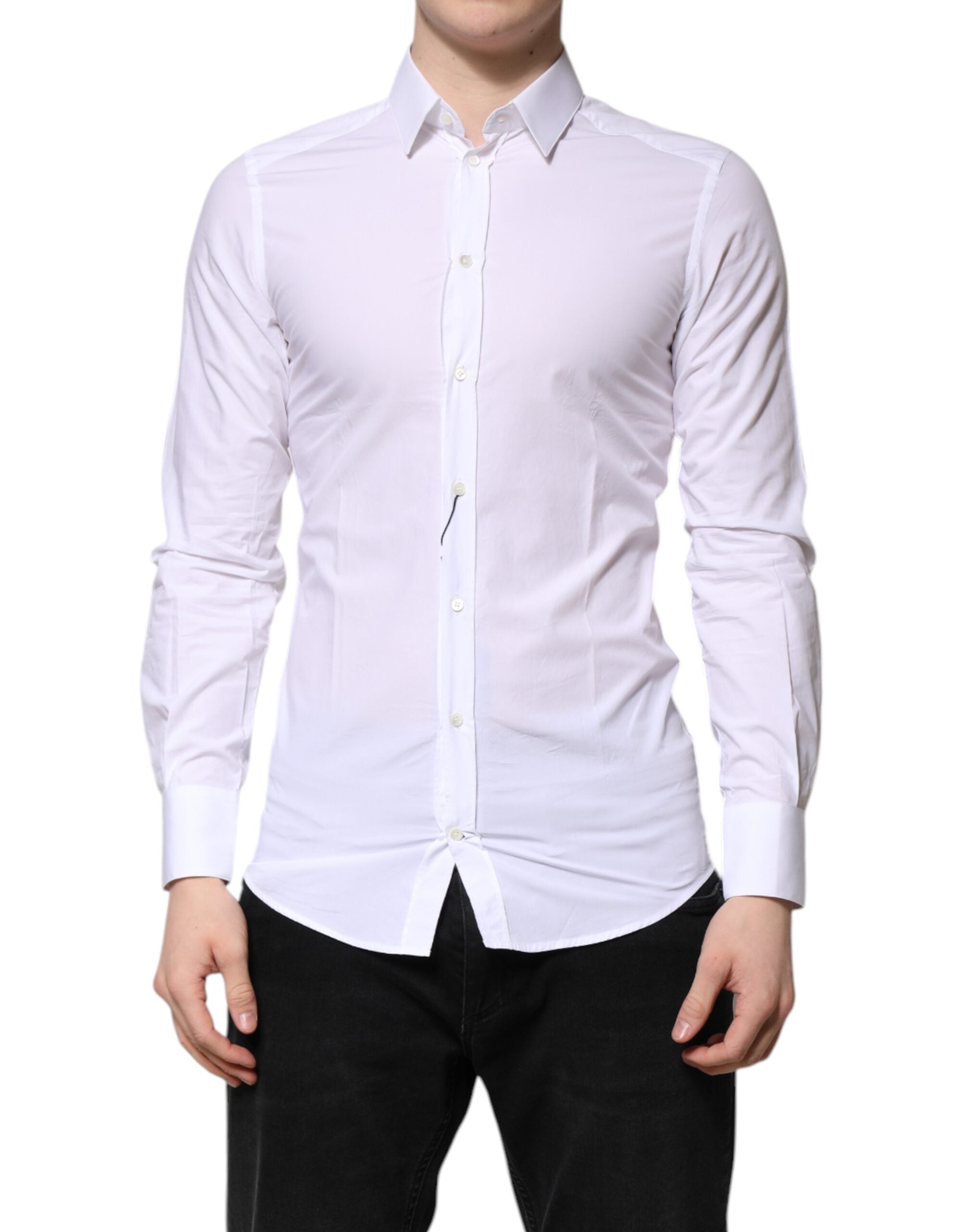 Chemise blanche en coton Dolce & Gabbana à manches longues, style formel avec détails dorés.