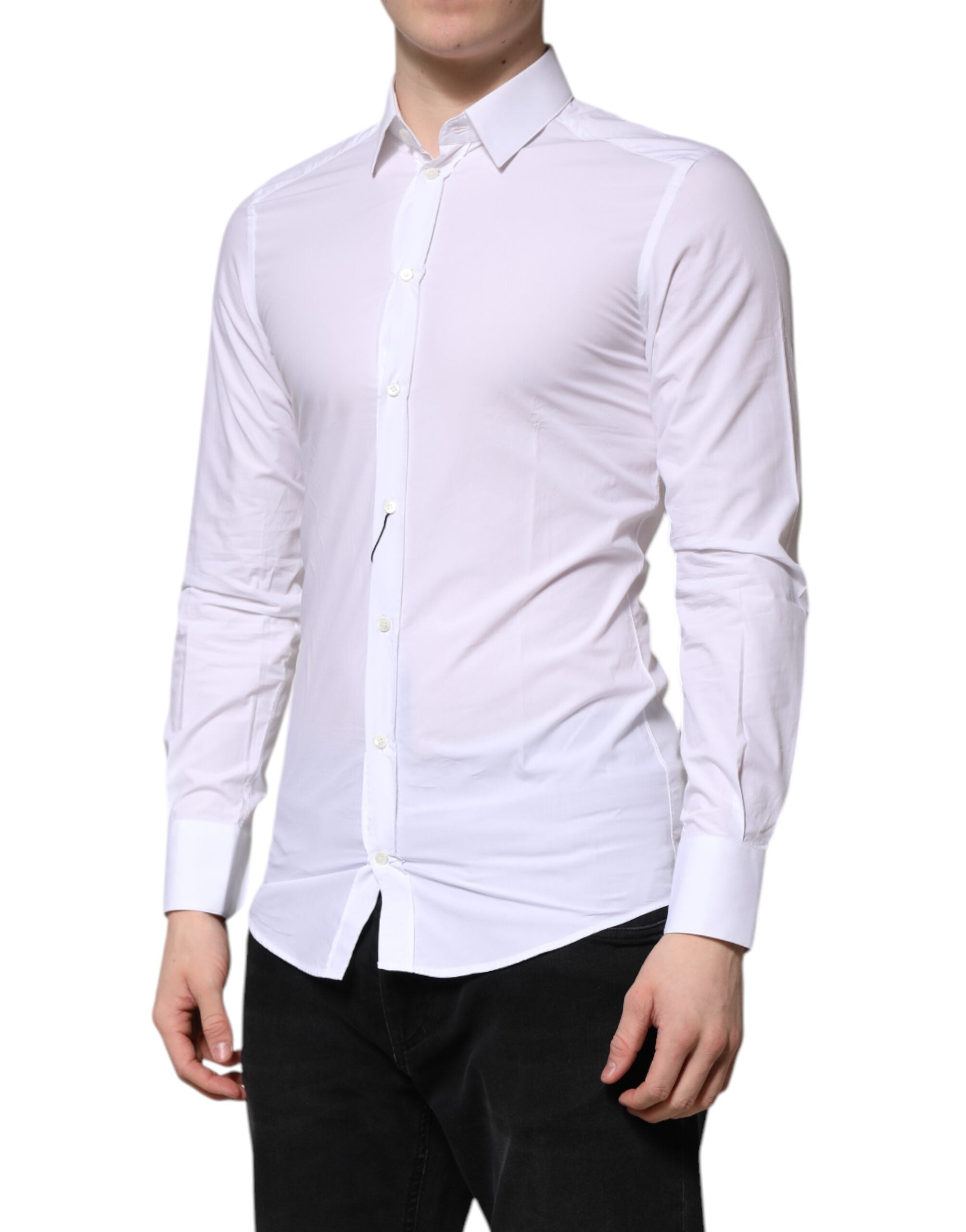 Chemise formelle blanche en coton Dolce & Gabbana avec manches longues et détails dorés, élégante pour occasions spéciales.