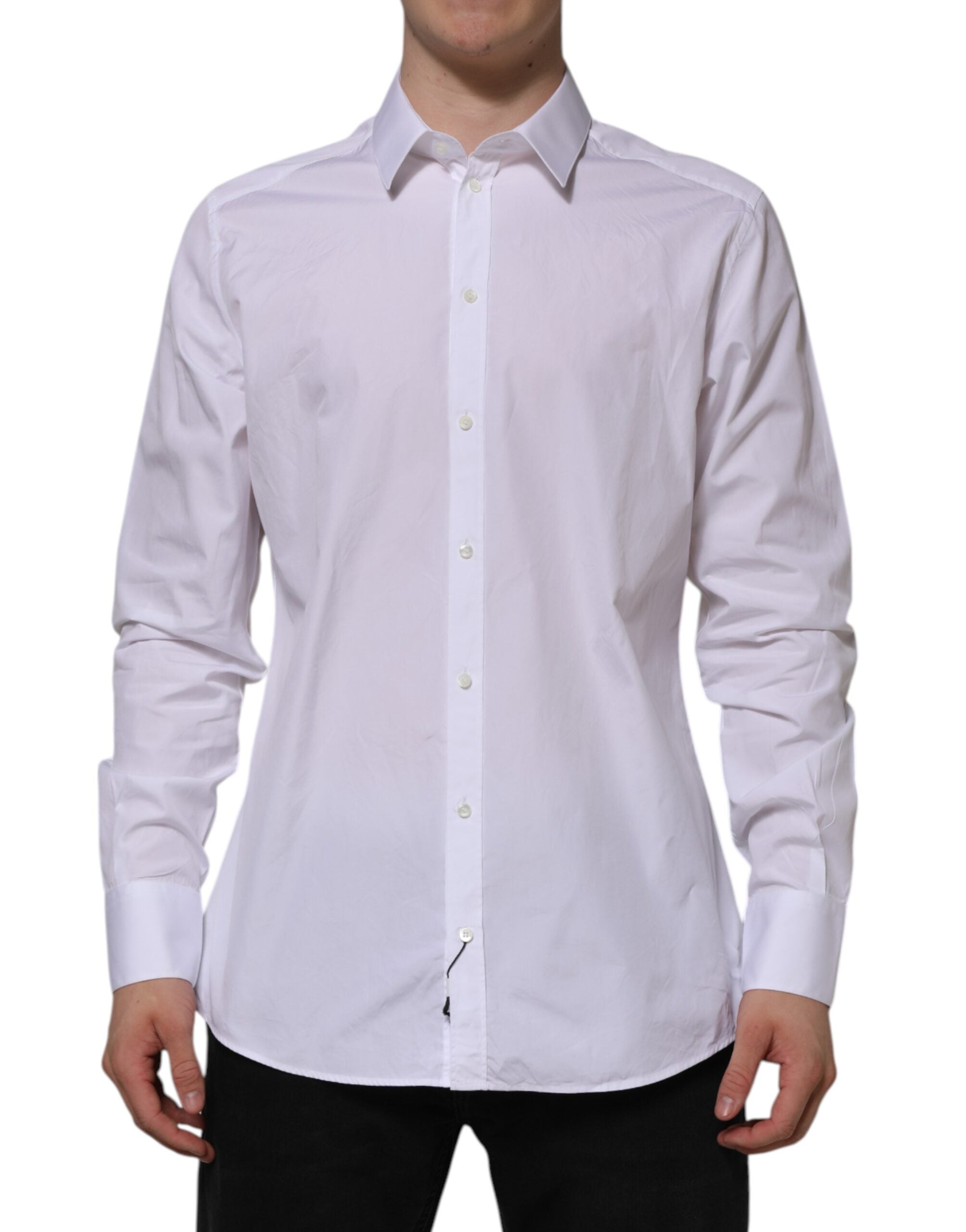 Chemise formelle blanche en coton Dolce & Gabbana à manches longues avec détails en or, vue de face.