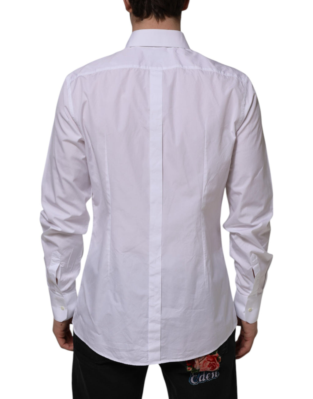 Chemise formelle blanche en coton Dolce & Gabbana avec manches longues et détails dorés, vue de face.