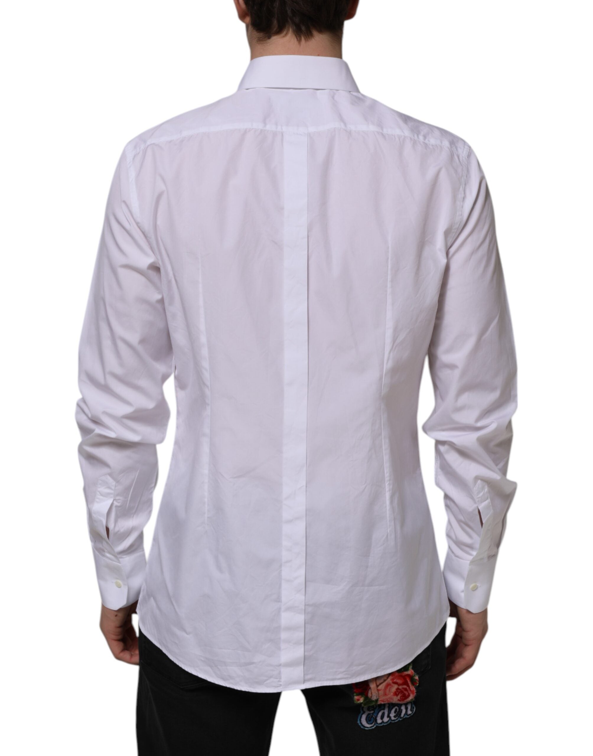 Chemise formelle blanche en coton Dolce & Gabbana avec manches longues et détails dorés, vue de face.