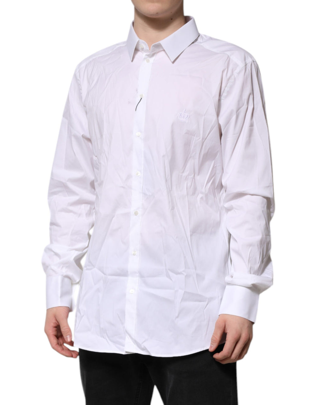 Chemise blanche en coton à manches longues de Dolce & Gabbana, style formel avec détails dorés élégants.