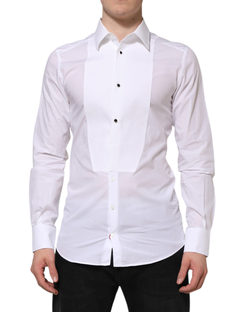 Chemise formelle blanche en coton Dolce & Gabbana avec détails en or, style bib poplin, visible sur l'image.