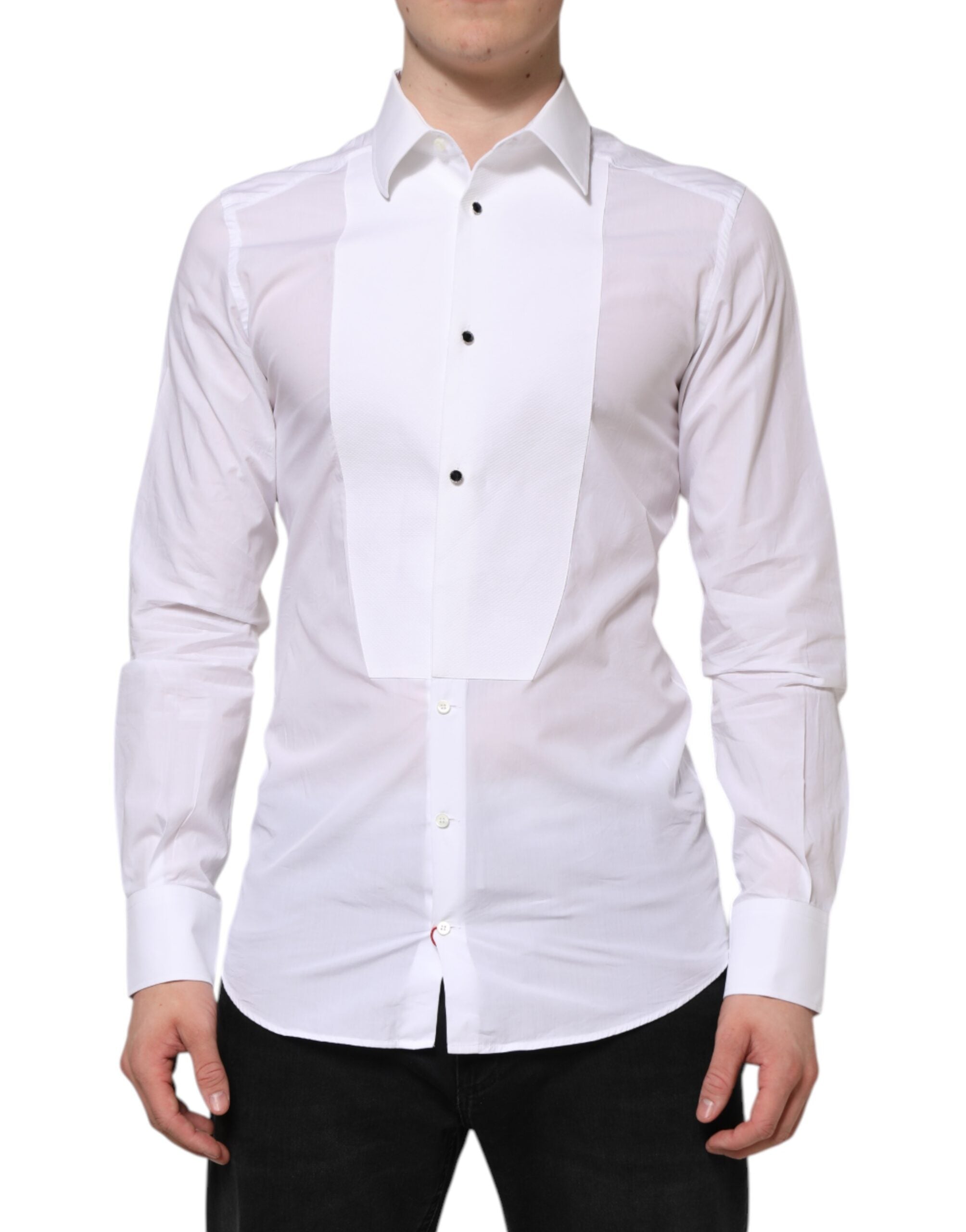 Chemise formelle blanche en coton Dolce & Gabbana avec bavoir en or, détails élégants et col classique.
