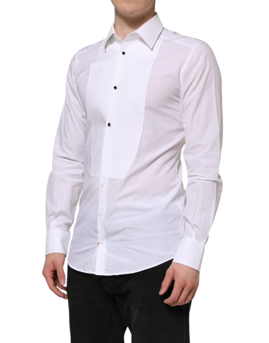 Chemise formelle en coton blanc Dolce & Gabbana avec broderie en or et col classique, vue de face sur mannequin.