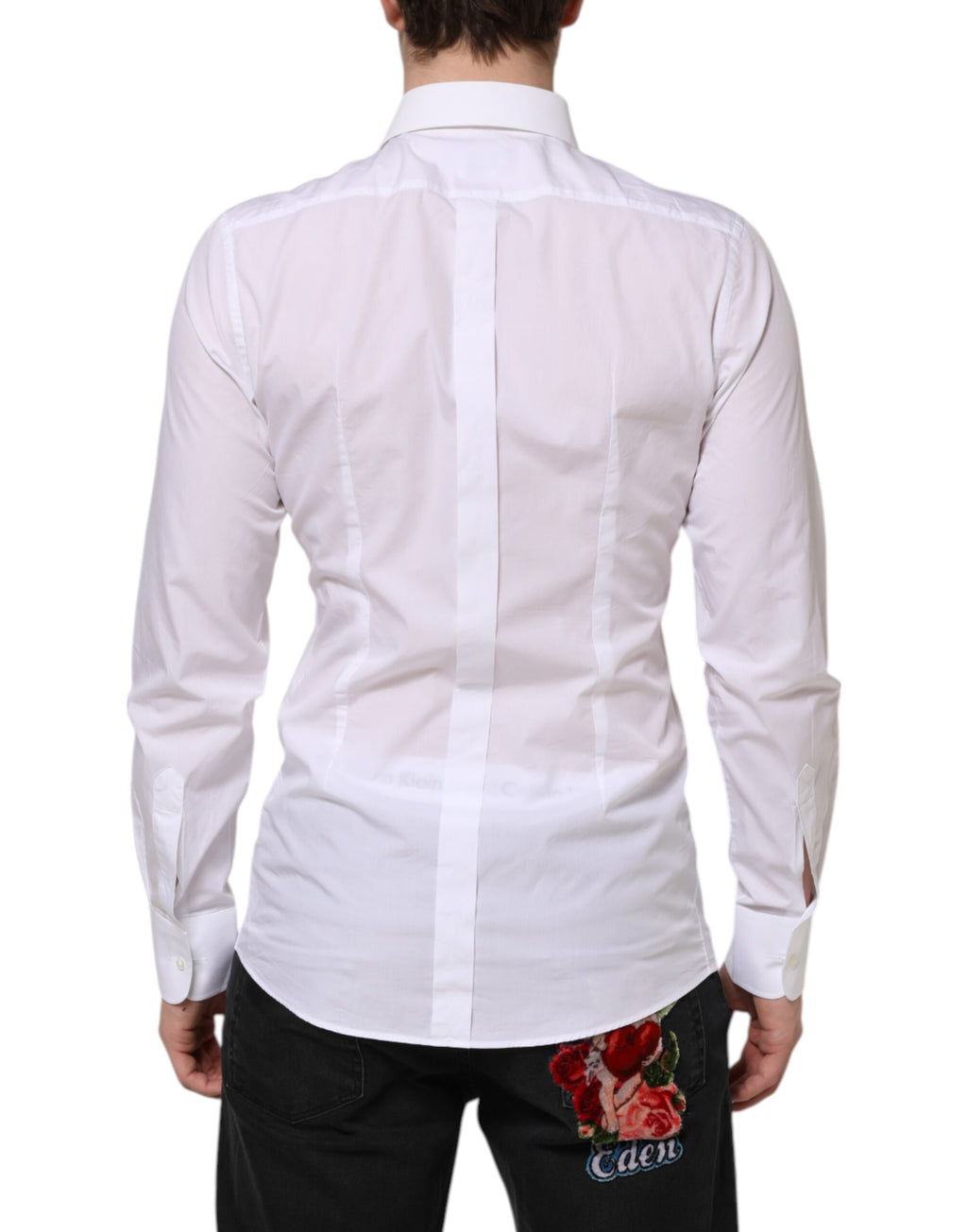 Chemise formelle blanche en coton Dolce & Gabbana avec broderie or et col classique, vue de face.