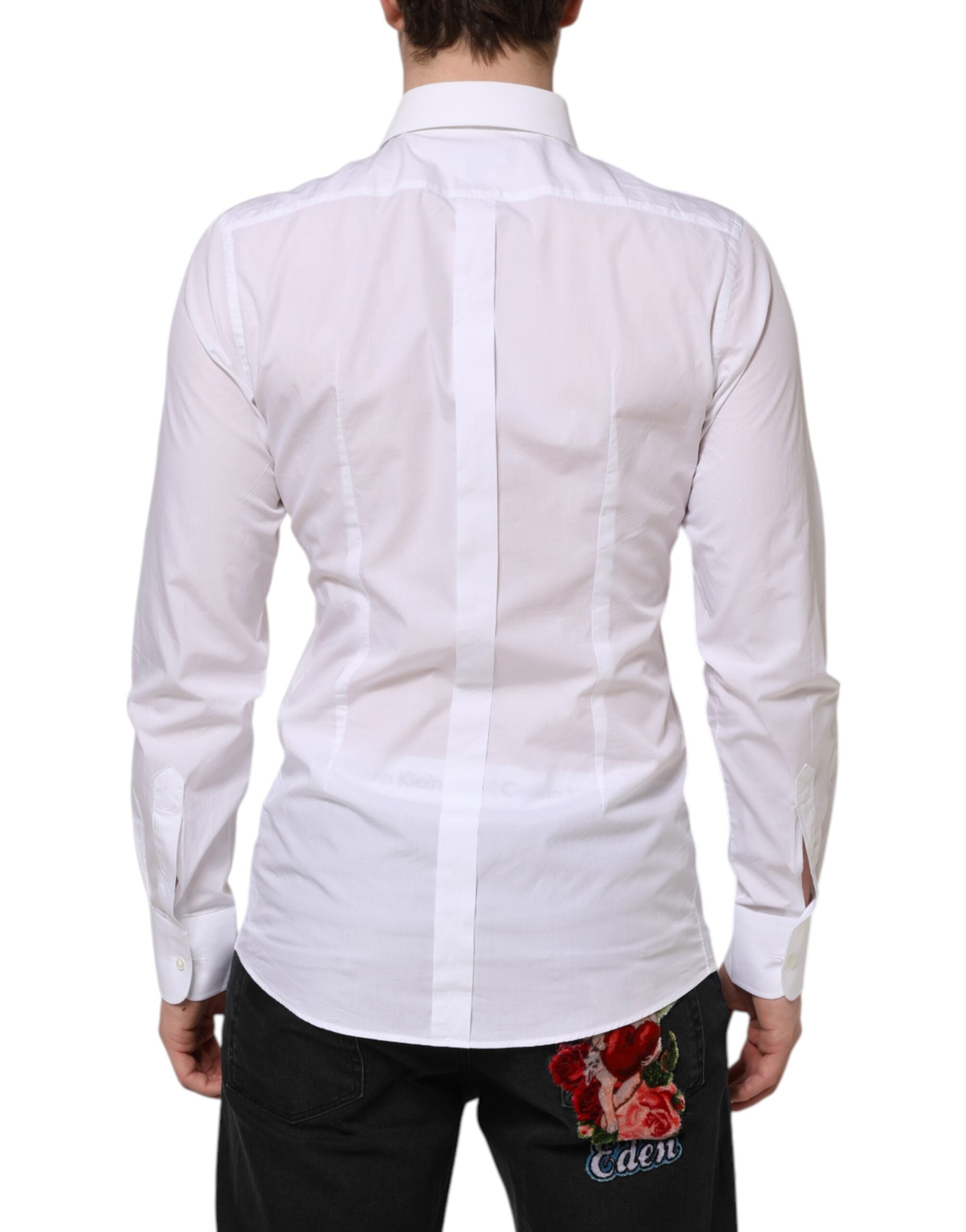 Chemise formelle blanche en coton Dolce & Gabbana avec broderie or et col classique, vue de face.