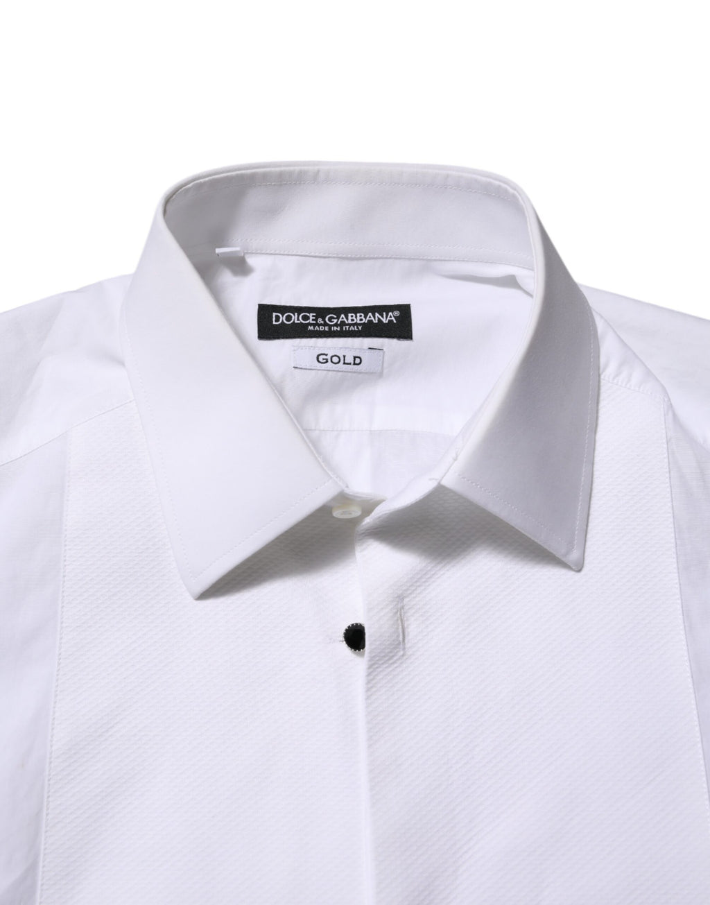 Chemise formelle en coton blanc Dolce & Gabbana avec détails en or et col classique, vue de face.