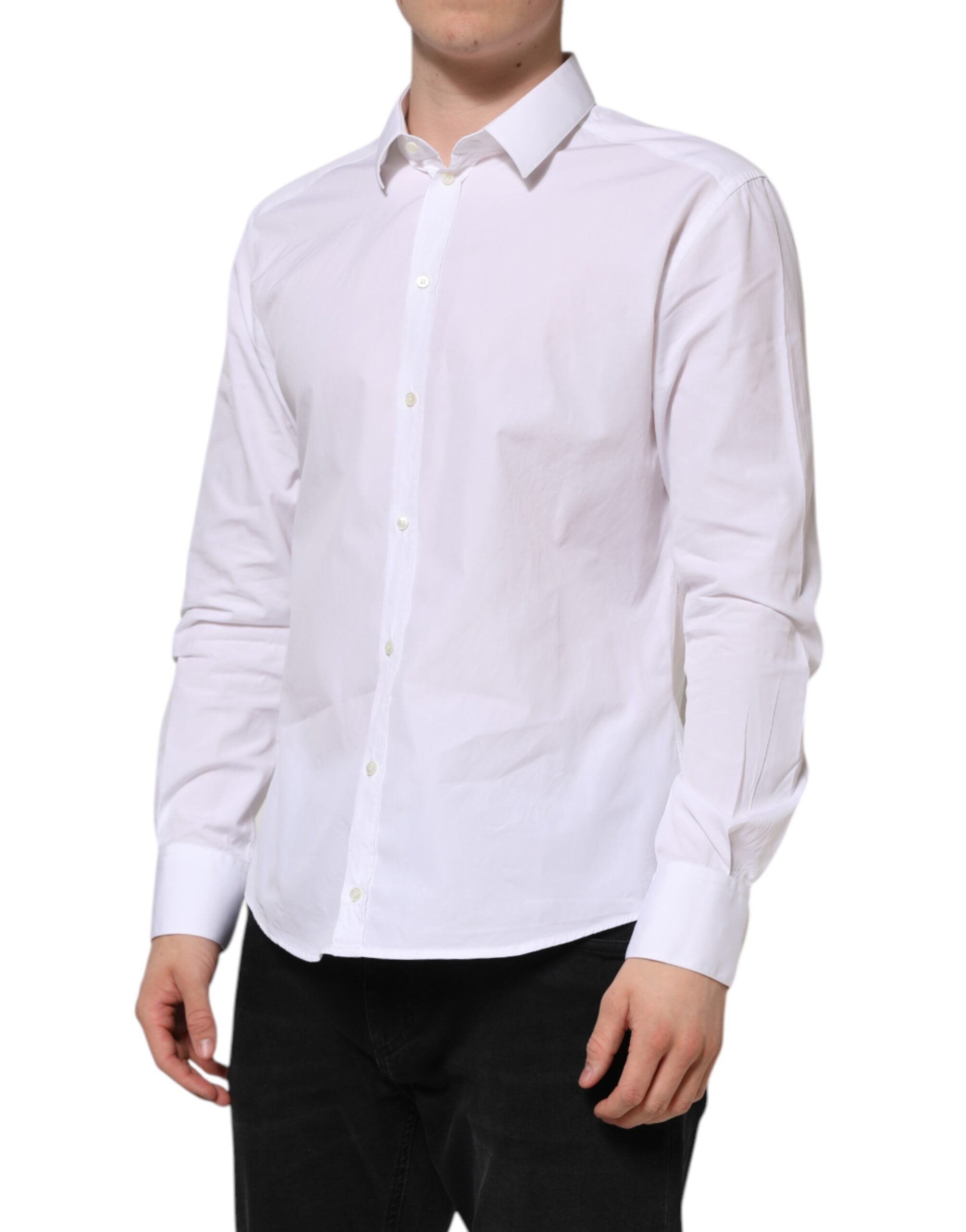 Chemise formelle blanche en coton à manches longues Dolce & Gabbana avec détails dorés, élégante et sophistiquée.