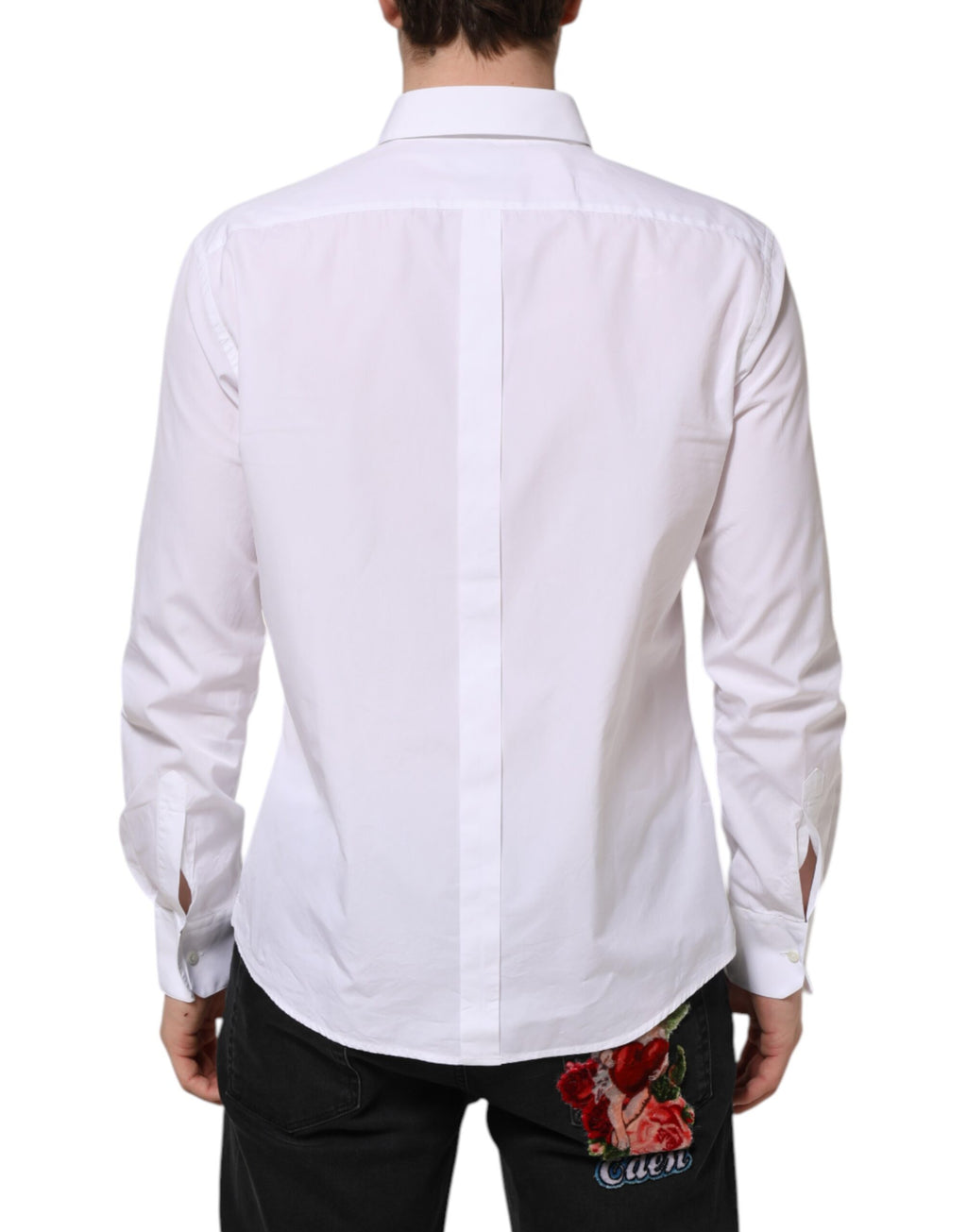 Chemise formelle blanche en coton à manches longues Dolce & Gabbana avec détails dorés, élégante et sophistiquée.