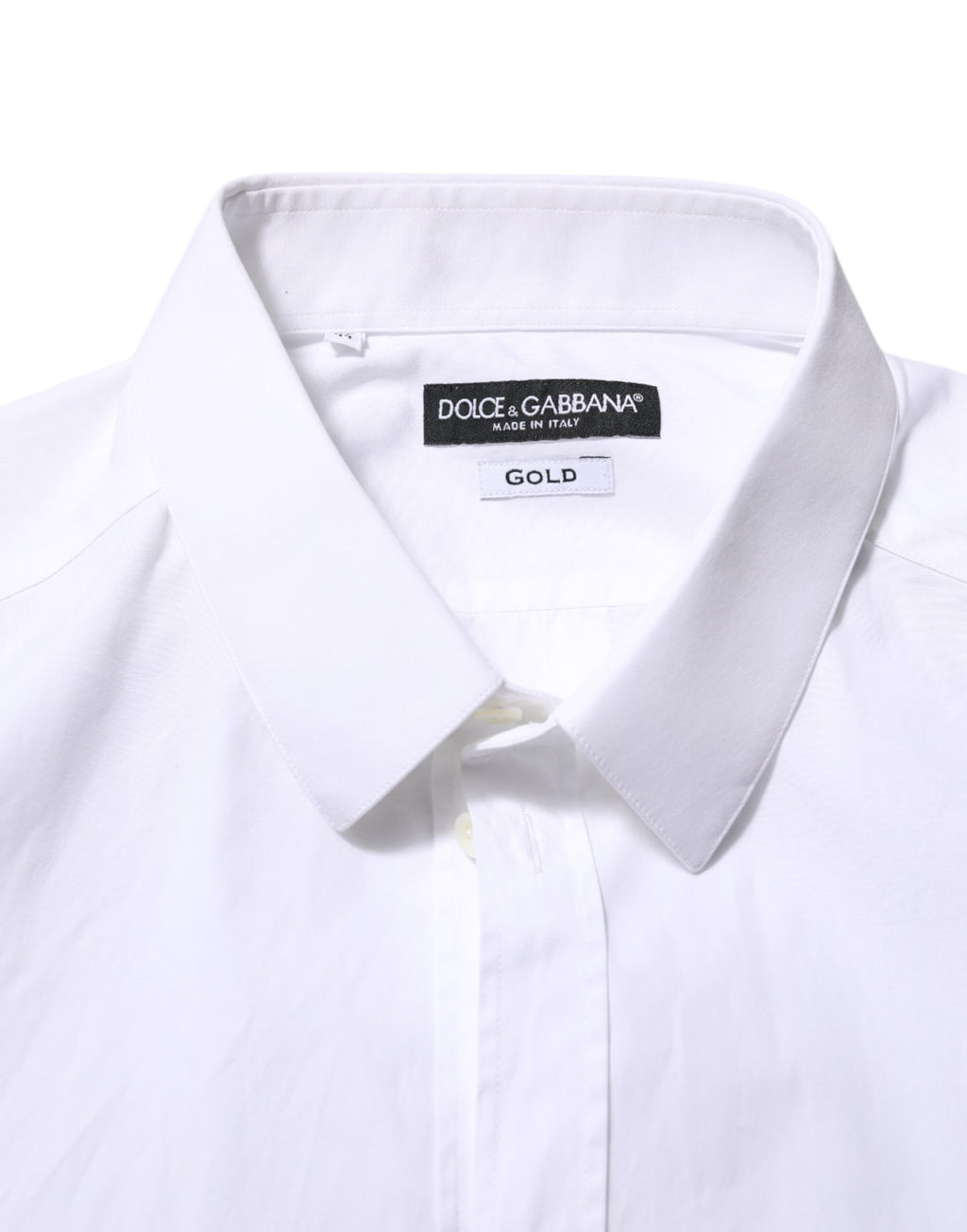 Chemise formelle Dolce & Gabbana en coton blanc à manches longues avec détails dorés, élégante et sophistiquée.