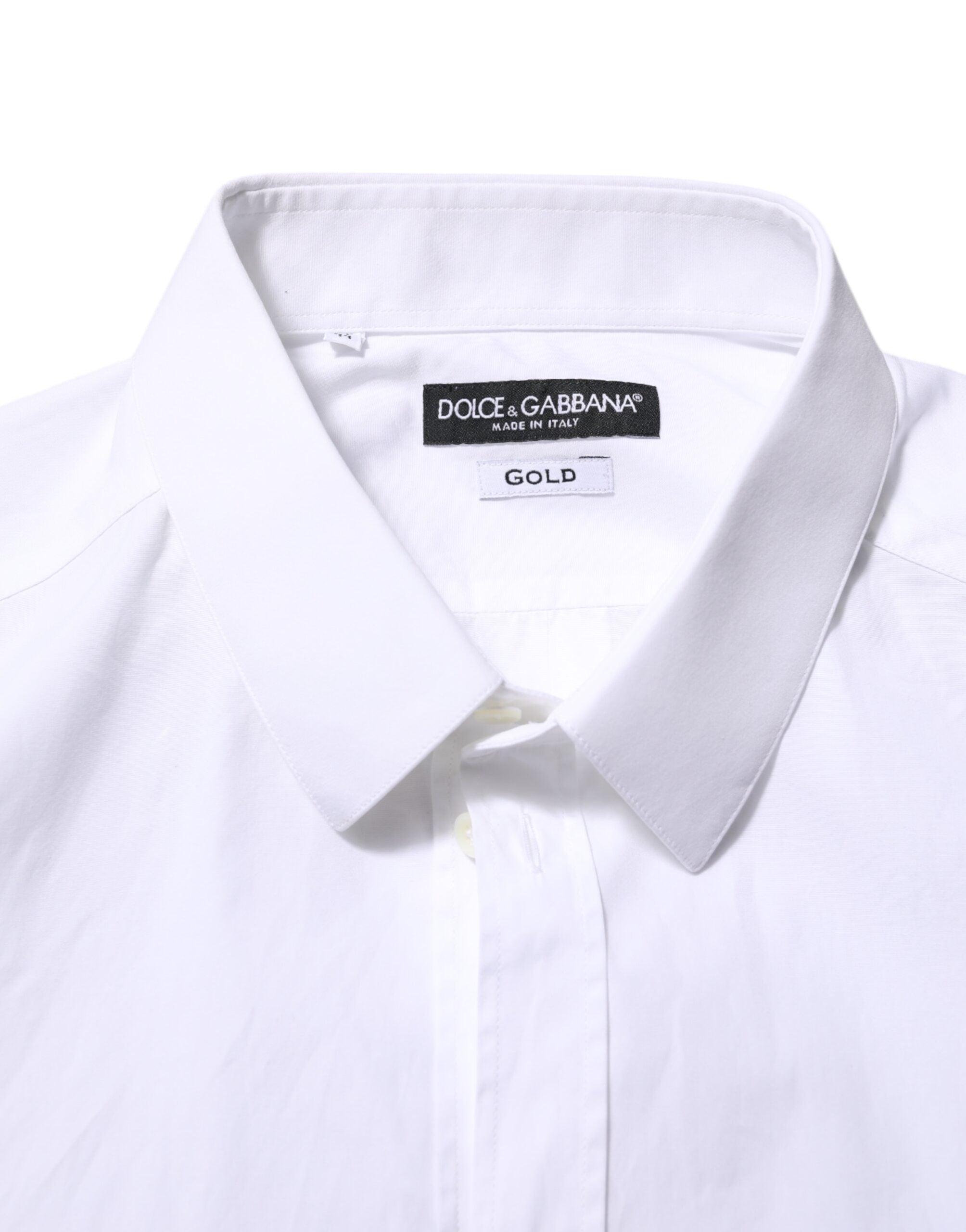 Chemise formelle Dolce & Gabbana en coton blanc à manches longues avec détails dorés, élégante et sophistiquée.