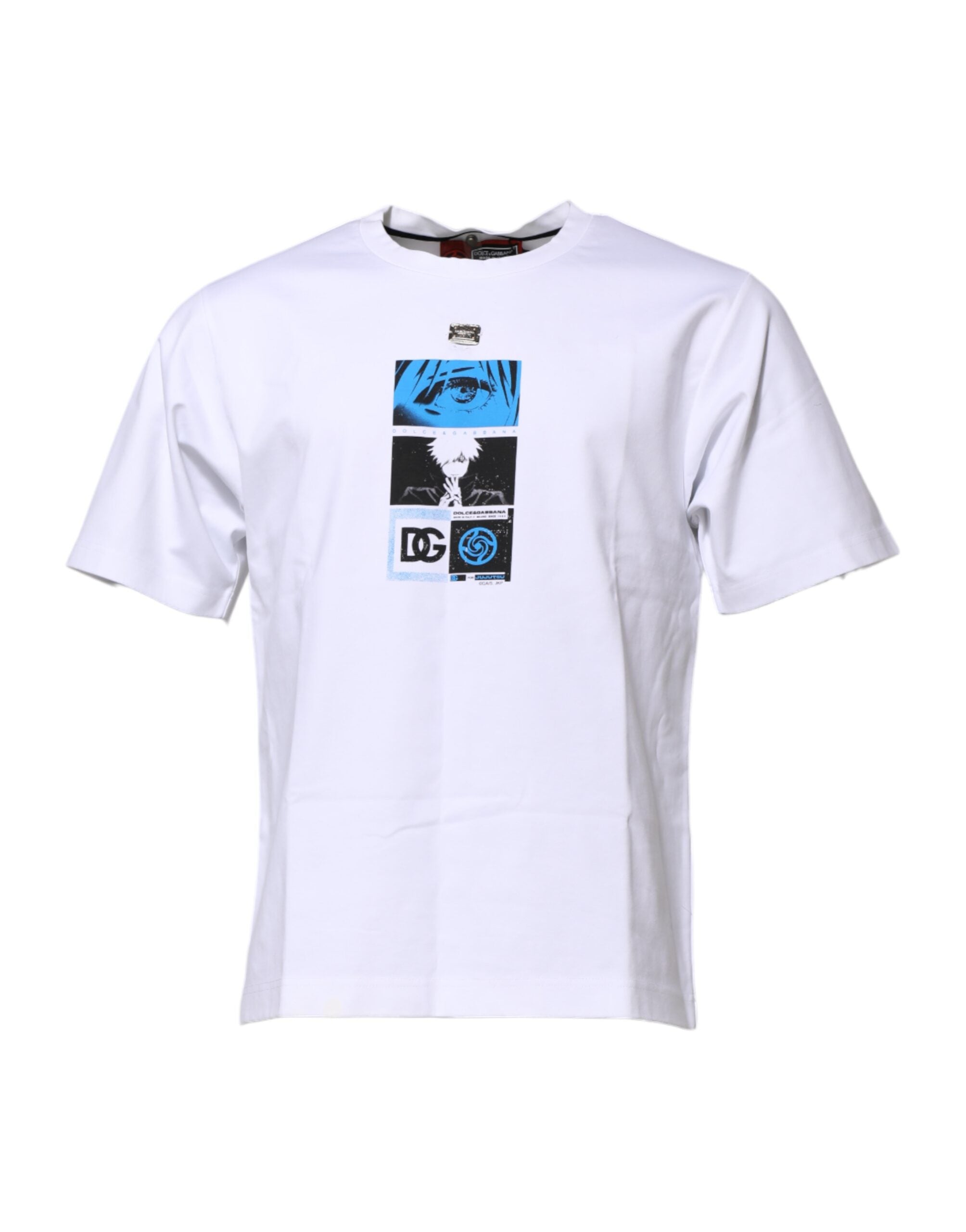 T-shirt blanc en coton Dolce & Gabbana avec col rond et imprimé graphique, vue de face.
