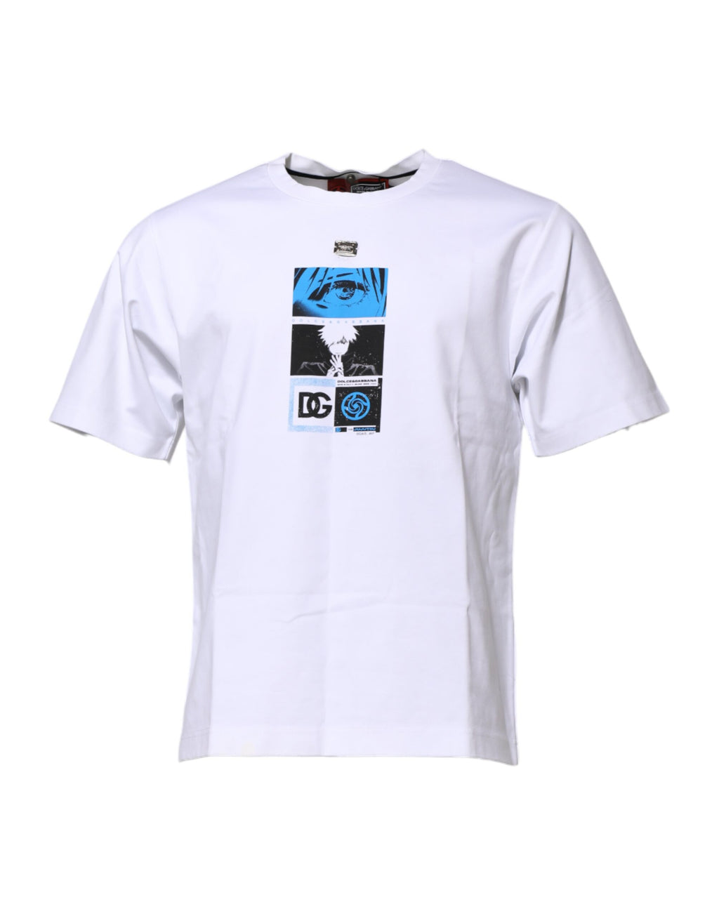 T-shirt blanc en coton Dolce & Gabbana avec col rond et imprimé graphique, vue de face.