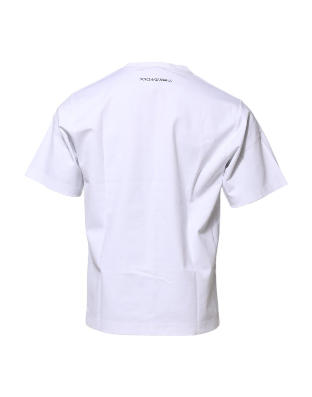 T-shirt blanc en coton Dolce & Gabbana avec col rond et motif graphique, vue de face.