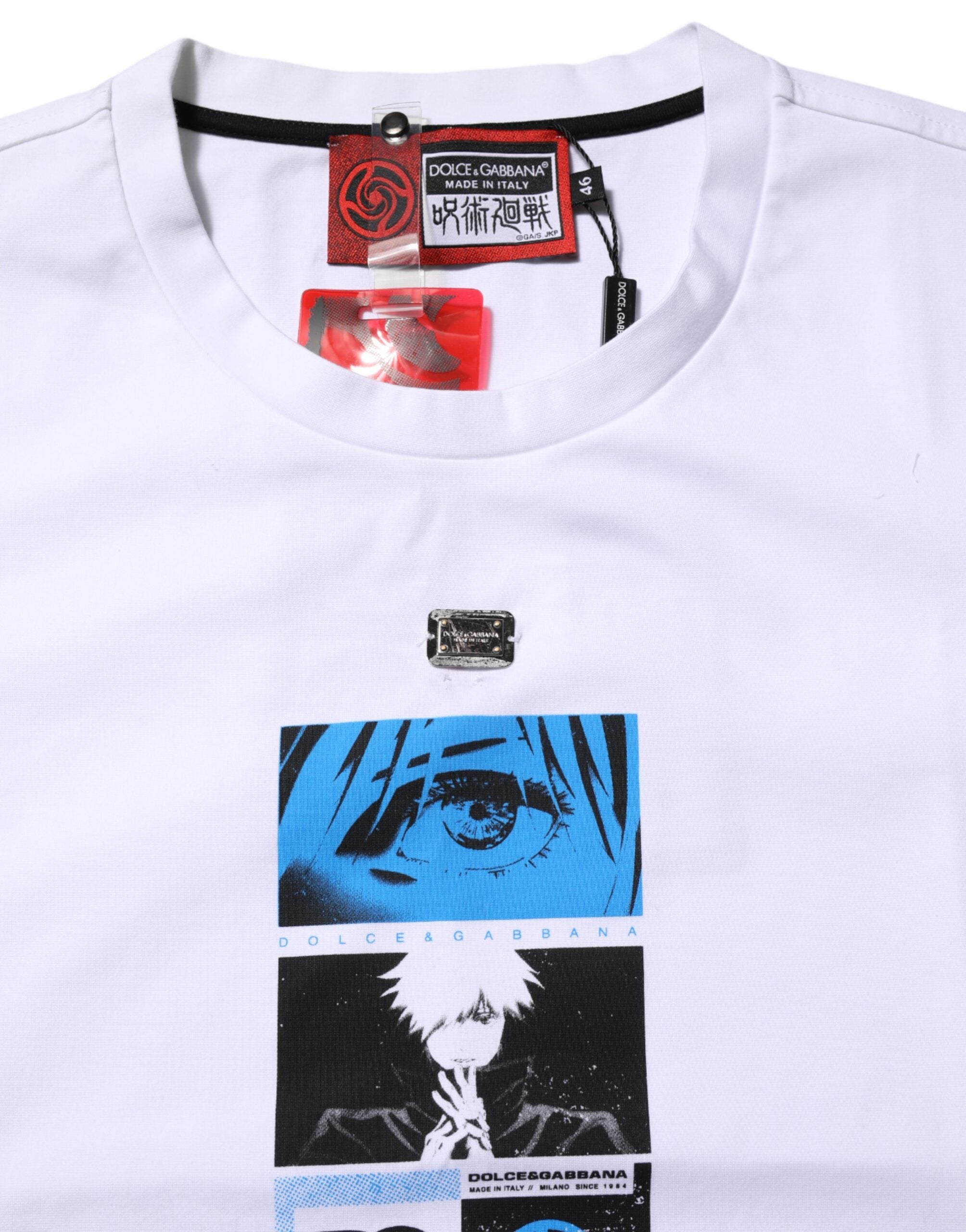 T-shirt blanc en coton Dolce & Gabbana avec col rond et imprimé graphique, vue de face.