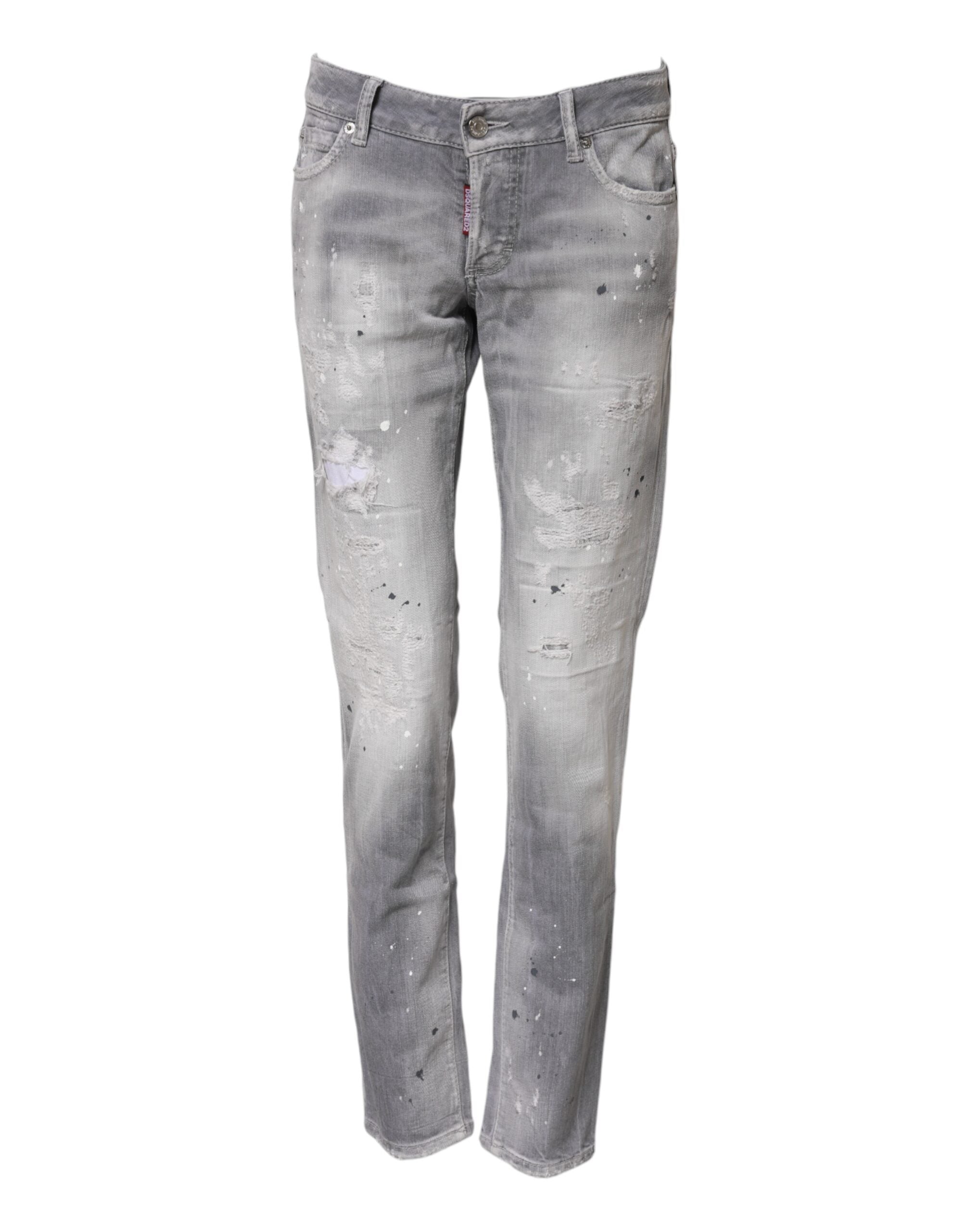 Jeans en denim gris délavé Dsquared², taille mi-haute, coupe tapered, visible sur cette image de produit.