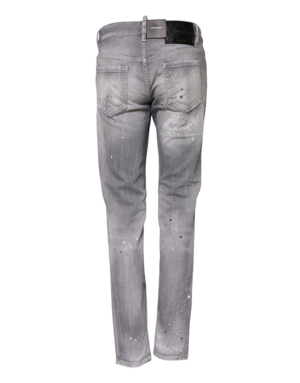 Jeans en jean gris délavé, taille moyenne, coupe tapered, de la marque Dsquared², visibles en détail.